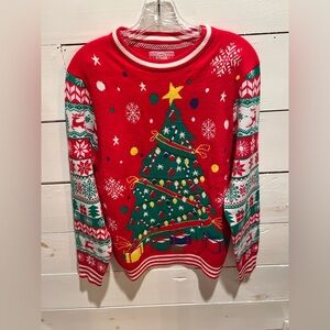 SoCal Look Festive Red Ugly Christmas Tree Sweater, medium, EUC, holiday, party